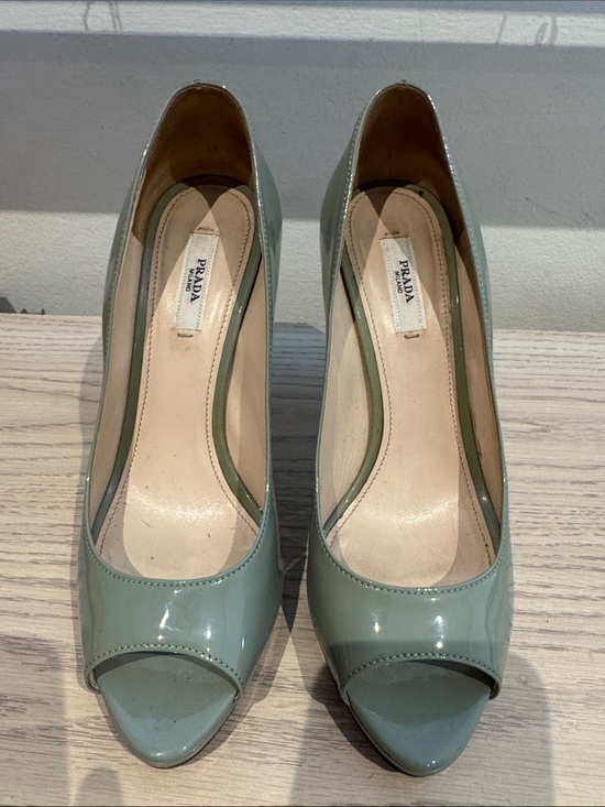 Prada Shoes - PRADA Women's Sage Green Patent Leather Peep-Toe Pumps